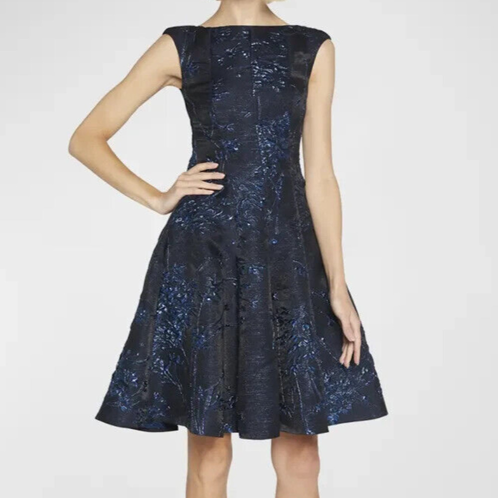 Talbot Runhof Metallic Twig Dress Silk Jacquard Size 8 Blue Floral Fit & Flare